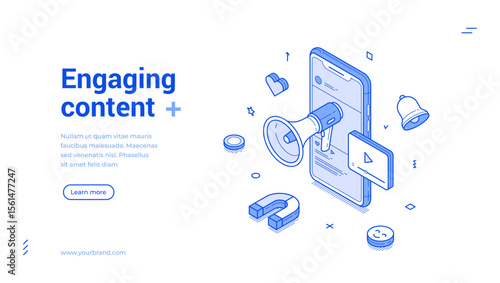 Engaging content social media network digital marketing outline isometric web banner design template vector illustration. Internet promo advertising auditorium interaction mobile app landing page
