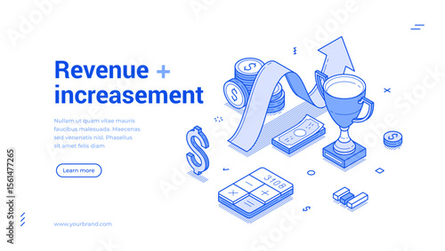 Revenue increasement business profit strategy outline isometric web banner design template vector illustration. Financial wealth salary growth increase commercial productivity efficiency landing page