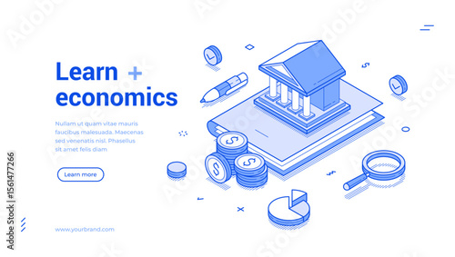 Learn economics studying education outline isometric web banner design template vector illustration. Scholarship graduation learning economy financial knowledge university college school landing page