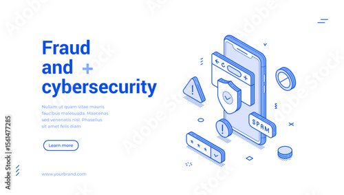 Fraud cyber security anti spam virus protection outline isometric web banner design template vector illustration. Internet secure password access verification safety guarantee mobile app landing page