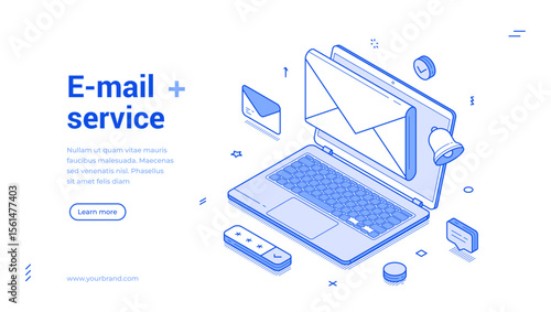 Email mail service computer internet message outline isometric web banner design template vector illustration. Online chat newsletter incoming correspondence cyberspace technology landing page