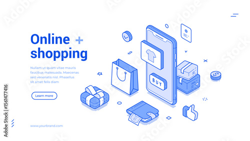 Online shopping marketplace mobile app outline isometric web banner design template vector illustration. Internet store shop market buying goods order purchase commercial business retail landing page