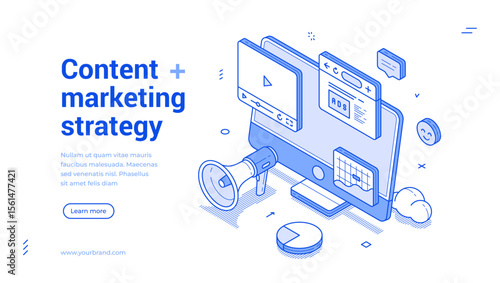 Content digital internet marketing strategy development outline isometric web banner design template vector illustration. Online promo commercial advertising commercial technology landing page