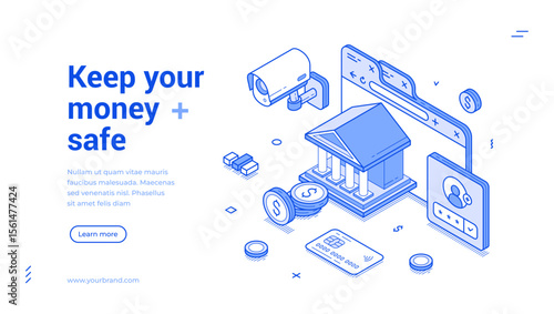 Keep your money safe banking financial service outline isometric web banner design template vector illustration. Bank finance currency safety storage guarantee savings investment fund landing page