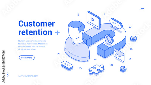 Customer retention business marketing strategy outline isometric web banner design template vector illustration. Client searching internet leadership service productivity efficiency development