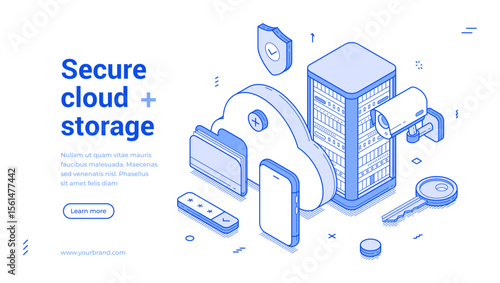 Secure cloud storage data safety information technology outline isometric web banner design template vector illustration. Database personal user archive account internet protection landing page
