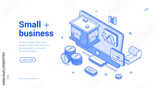 Small business strategy development workflow outline isometric web banner design template vector illustration. Commercial retail service startup management marketing promo technology landing page