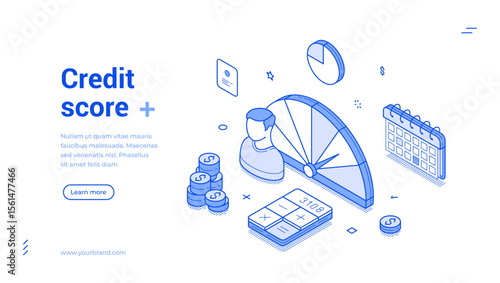 Credit score customer banking loyalty rate outline isometric web banner design template vector illustration. Financial bank personal client accounting cost ranking profit planning debt landing page
