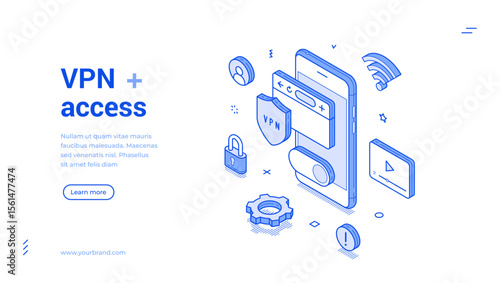 VPN access network location virtual security outline isometric web banner design template vector illustration. Internet connection data protection encryption server protocol technology landing page