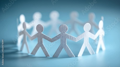Paper Figures Holding Hands in Circle Shape Symbolizing Teamwork on Blue Backdrop