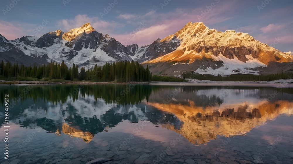 Fototapeta premium Sunset Mountains and Mirror-Like Lake in a Mesmerizing Landscape