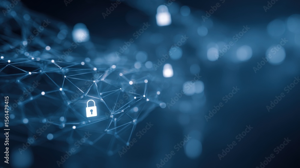 Obraz premium Futuristic digital security network with interconnected data points and padlock icons.