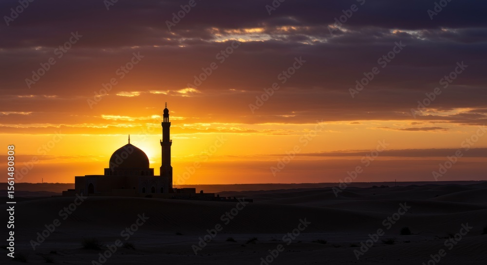 Obraz premium Serene mosque silhouette at sunrise casts a tranquil ambiance over the arid landscape
