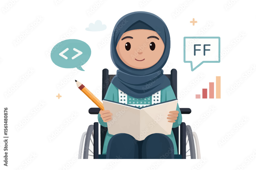 Fototapeta premium Inclusive Empowerment: A Determined Woman Navigates Her Passion and the Pursuit of Knowledge. A depiction of an independent, intelligent individual embracing her potential.