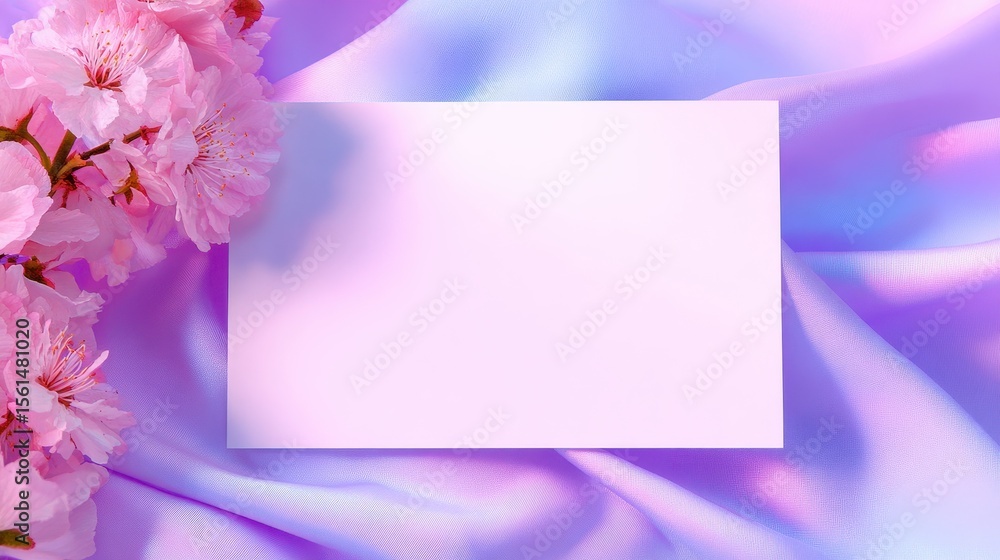 Soft pink flowers beside a blank card on a silky pastel background, ideal for invitations Soft pink flowers beside a blank card on a silky pastel background, ideal for invitations
