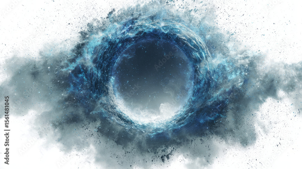 Fototapeta premium Ice-blue portal with frosty particles and swirling mist, white background