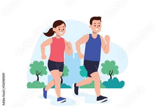 Illustration of two people jogging together in a city park. Healthy activities, active lifestyle, morning exercise, couple exercising.