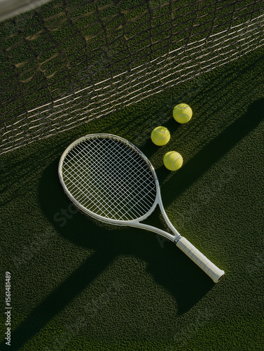 Overhead shot of a tennis racket and three tennis balls near the net on a green tennis court surface