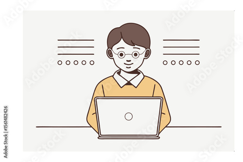 Focused young Man working on computer: A young man, absorbed in his work, sits attentively before a laptop. His eyes are focused as he tackles his daily tasks with dedication.