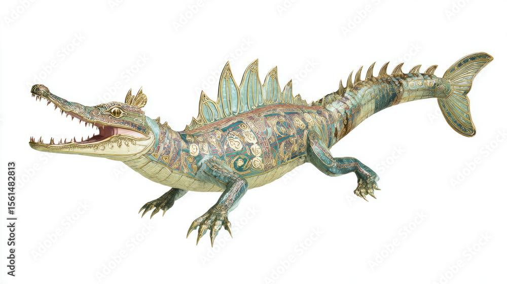 Fototapeta premium Makara, mythical sea creature, ancient indian style, isolated on white