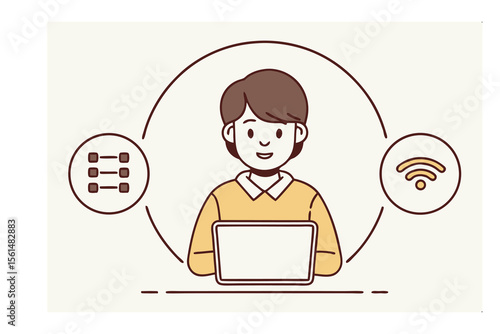 Digital Interaction: An illustration depicts a person engaging with a laptop, flanked by a network icon and options icon.