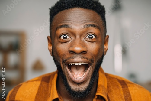 Close up photo happy surprised excited face miracle good news amazing rejoice saying wow African American ethnic man open mouth wide surprise male at home insurance loan owner achieve success 