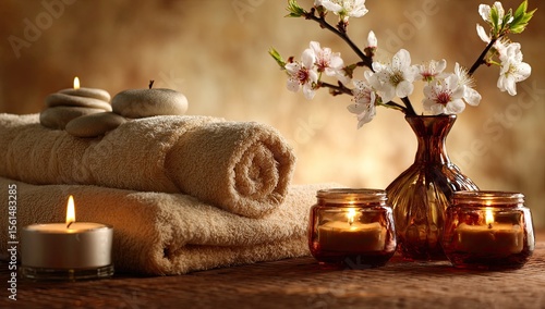 Spa still life with candles, towels, stones, and blossoms