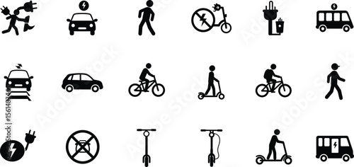 Sustainable Transportation Icons Electric Vehicles, Bikes, Scooters, and More