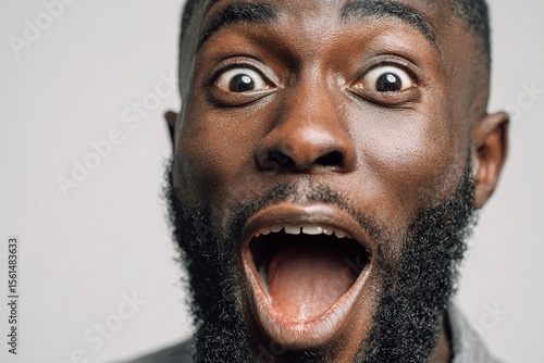 Close up photo happy surprised excited face miracle good news amazing rejoice saying wow African American ethnic man open mouth wide surprise male at home insurance loan owner achieve success 