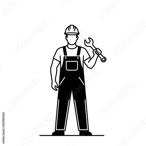 A construction worker in overalls and helmet holds a wrench, isolated on white background