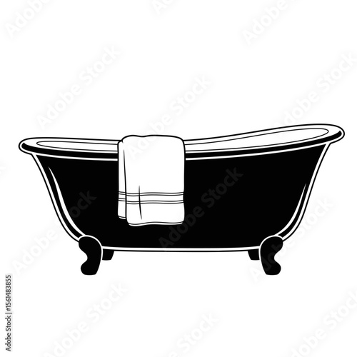 A black bathtub with a towel hanging on its side, isolated on white background