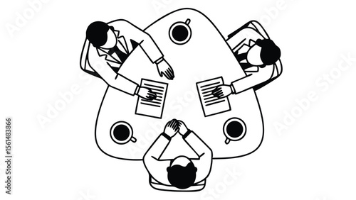 Three people in suits sit around a table with papers and coffee cups in a meeting 