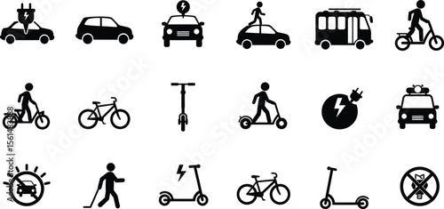 Sustainable Transportation Icons Electric Vehicles, Bikes, Scooters, and More
