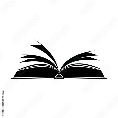 An open book with pages fanned out, depicted in a black and white vector illustration isolated on white background