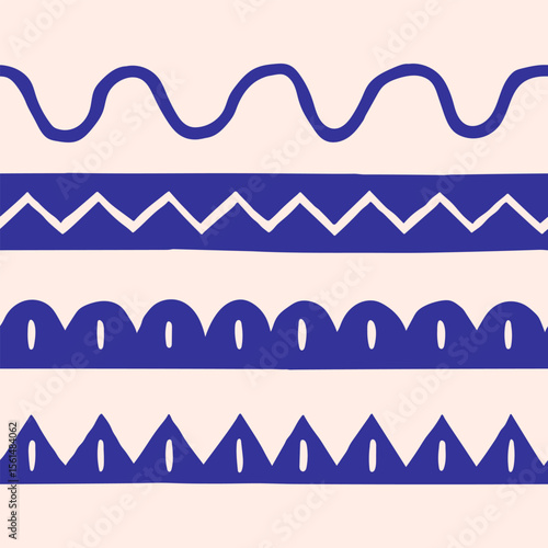 Sea side seamless border set. Cute hand-drawn vector waves, zigzag, laces. Grungy geometric ornaments with retro beach vibes. Perfect for postcards, posters, prints, and decoration.