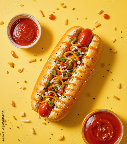 Realistic photo of a classic hot dog with sauces on a yellow background, perfect for fast food branding, menus, and tasty snack promotions