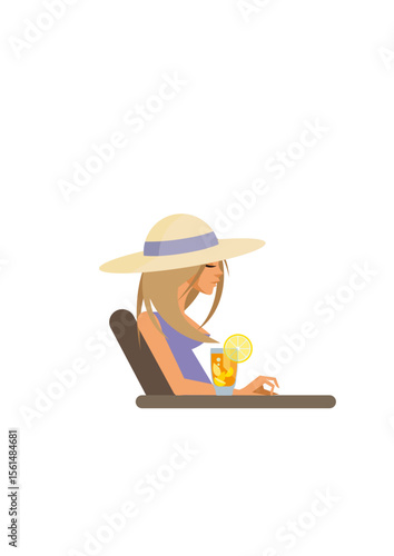 Woman with sun hat sitting on terrace with a drink