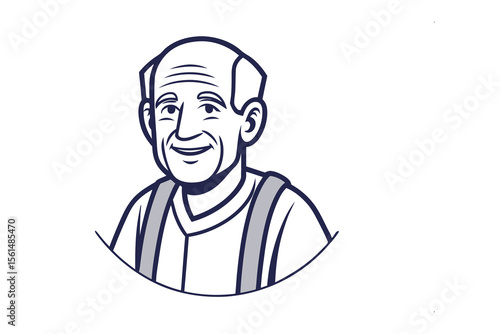 Smiling Senior Portrait: A friendly, bald elderly man with wrinkles radiates warmth and contentment in this headshot illustration. He has grey hair, and a pleasant disposition.