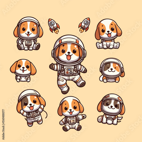 Cartoon dogs are dressed as astronauts in space suits with rockets
