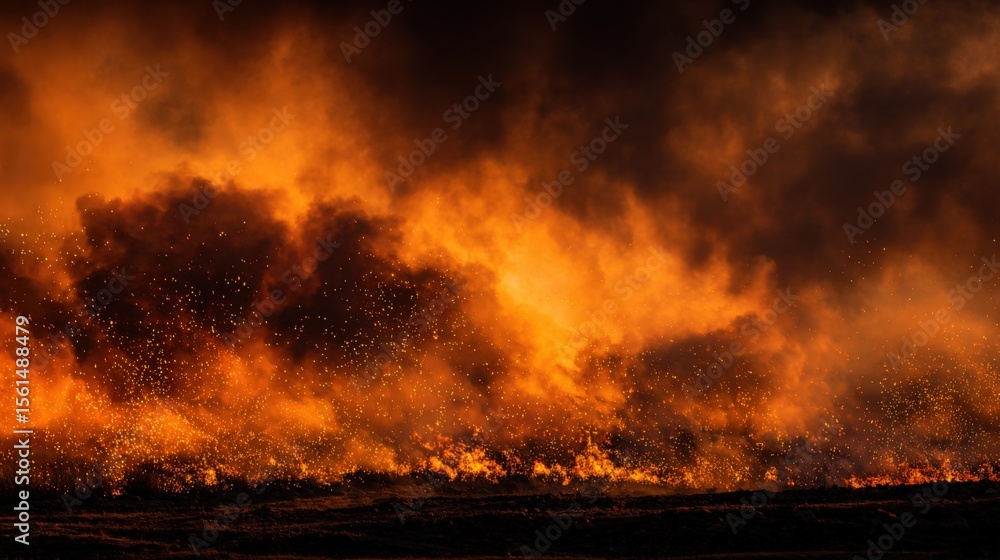 Fototapeta premium Vast wildfire burning across dry landscape with thick smoke and fiery flames.