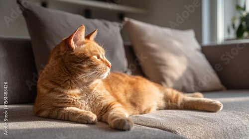 Wallpaper Mural Cozy domestic ginger cat relaxing on sofa in well-lit living room with cushions. Torontodigital.ca