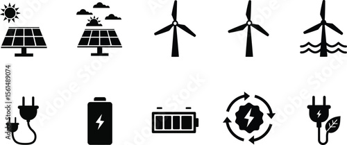 Renewable Energy Icons Solar, Wind, and Battery Power Illustrations