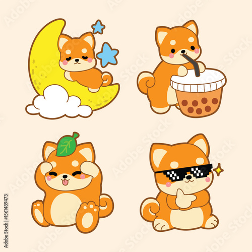 Four Shiba Inu cartoon stickers each with unique accessories and poses