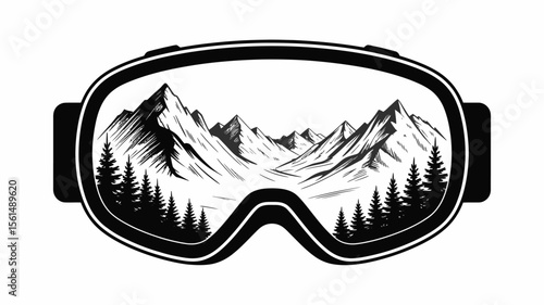 Ski goggles reflecting a black and white mountain landscape with pine trees
