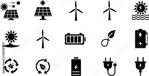 Collection of black and white icons representing renewable energy sources and sustainability.