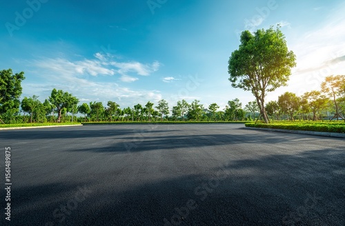 Fototapeta Naklejka Na Ścianę i Meble -  Empty asphalt floor and green garden park landscape background with blue sky and sunlight. Empty car stage for a sport, competition, or event on a summer day. Wide-angle lens, natural lighting. 