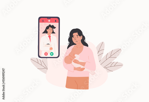 Unhappy mother using mobile app to consult with lactation consultant for breastfeeding and latch problems. Digital health support for new moms. Flat Style Vector Illustration.