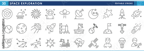A set of line icons related to Space Exploration. Astronomy, Space, planet, satellite, stars, alien, explorer, rockets, and so on. Vector editable stroke.