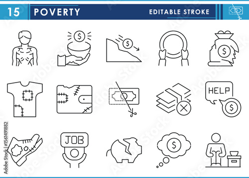 A set of line icons related to Poverty. Money, poor, cheap, jobless, malnutrition, homeless, and so on. Vector editable stroke.