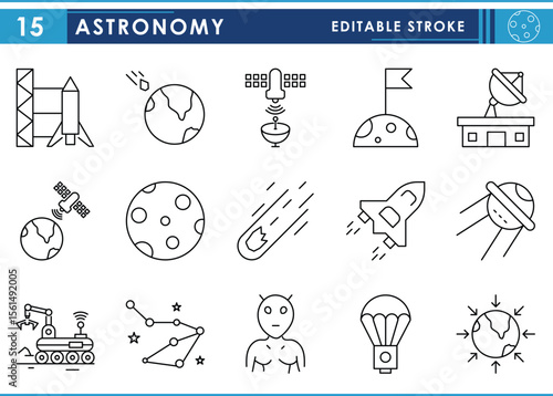 A set of line icons related to Astronomy. Astrology, space, rockets, planets, stars, and so on. Vector editable stroke.